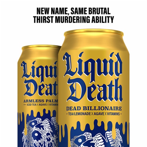 Liquid Death, Dead Billionaire Iced Tea, Half Lemonade Half Black Tea Perspective: top