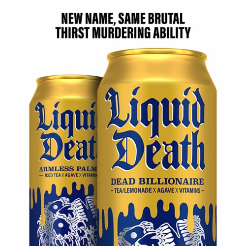 Liquid Death, Dead Billionaire Iced Tea, Half Lemonade Half Black Tea Perspective: top