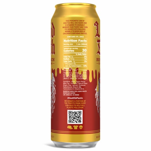 Liquid Death, Rest in Peach Iced Tea, Peach Flavored Back Tea Perspective: top