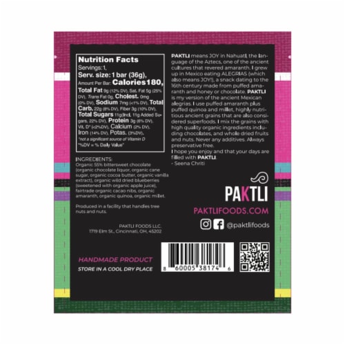 Bittersweet Chocolate with Dried Blueberries & Cacao Nibs - 8 Packs | 1.27 Oz each Perspective: top