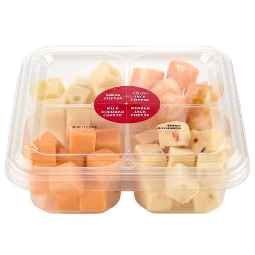 Upper Cut Assorted Colby Jack Pepper Jack Swiss and Mild Cheddar Cheese Cube Tray Perspective: top