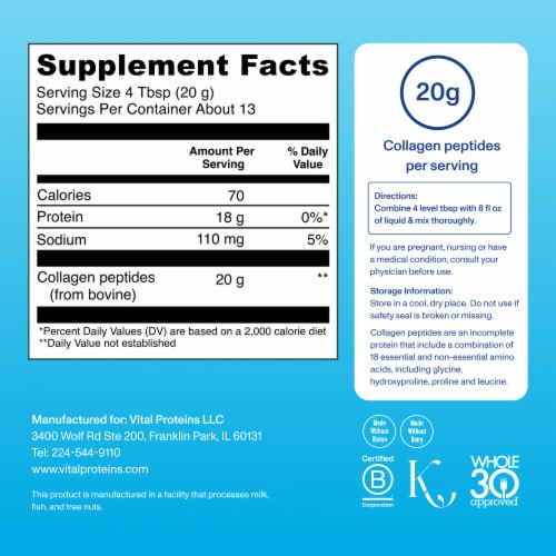 Vital Proteins Collagen Peptides for Skin, Hair, Bone & Joint Support 20g Collagen Unflavored Powder Perspective: top