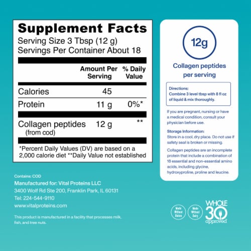Vital Proteins Marine Collagen for Hair, Skin, Nail & Joint Support 12g Collagen Unflavored Powder Perspective: top