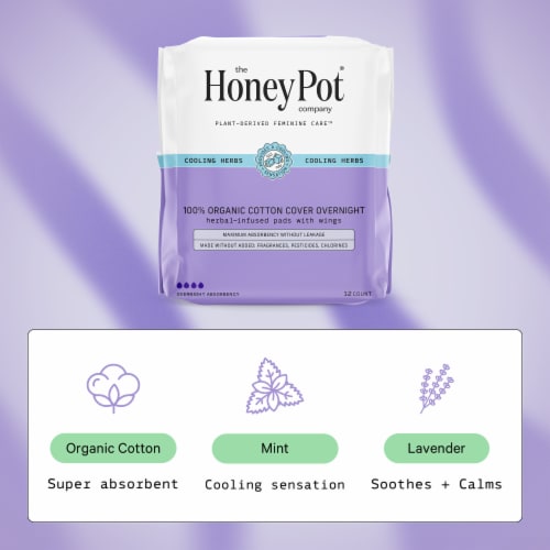 The Honey Pot® Overnight Pads with Wings 100% Organic Cotton Cover Heavy Absorbency Herbal Infused Perspective: top