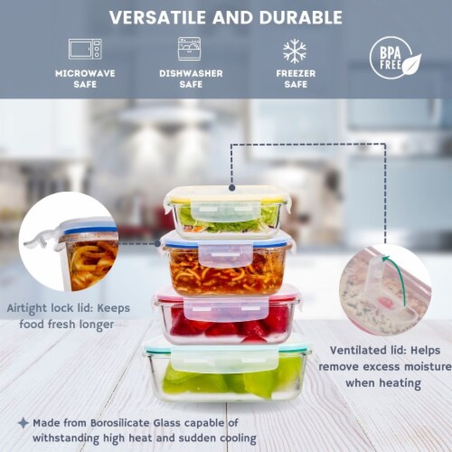 Premium Borosilcate Glass Meal Prep Food Containers with Snap Locking Lids, 8 Piece Set Perspective: top