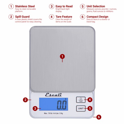 Escali Vera Compact Stainless Steel Precision Digital Scale Perspective: top