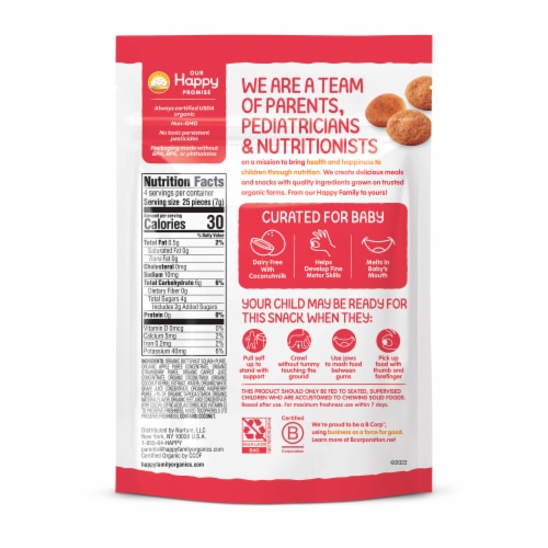 Happy Baby Organic Creamies Freeze-Dried Strawberry, Raspberry, Carrot & Coconut Milk Bag Perspective: top