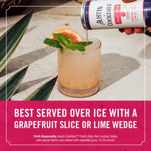 Austin Cocktails Grapefruit Lime and Mint Fred's Sparkling Ruby Red Vodka Canned Cocktail 4 Cans Perspective: top