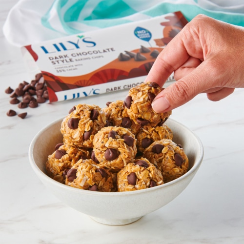 LILY'S Dark Chocolate Style No Sugar Added Baking Chips Bag Perspective: top
