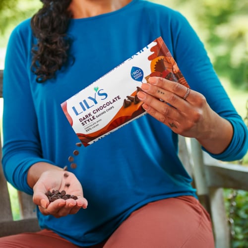 LILY'S Dark Chocolate Style No Sugar Added Baking Chips Bag Perspective: top