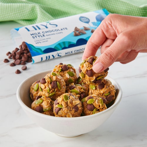 LILY'S Milk Chocolate Style No Sugar Added Baking Chips Bag Perspective: top