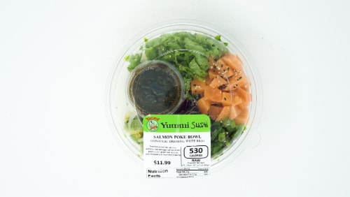 Yummi Sushi Salmon White Rice Japanese Dressing Poke Bowl Perspective: top