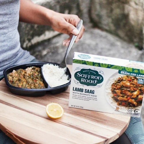 Saffron Road Lamb Saag with Basmati Rice Gluten-Free Frozen Meal Perspective: top