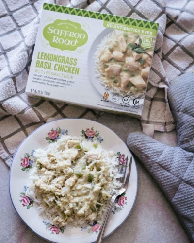 Saffron Road Lemongrass Basil Chicken with Basmati Rice Gluten-Free Frozen Dinner Perspective: top