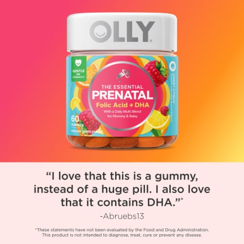 OLLY Essential Prenatal Multivitamin With Folic Acid DHA Omega-3 Citrus Flavor Gummy Supplement Perspective: top