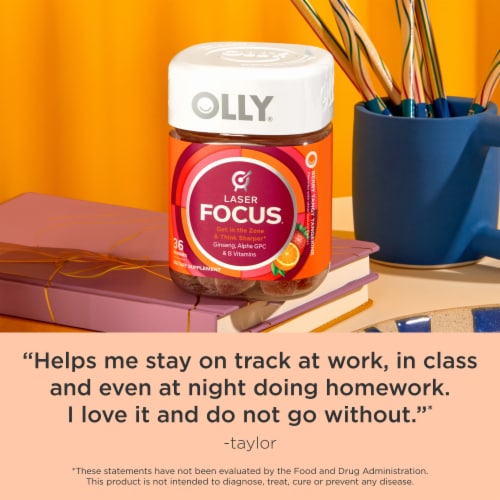 OLLY Laser Focus Tangerine Flavor Gummy Supplement Ginseng Extract and Vitamin B12 Perspective: top