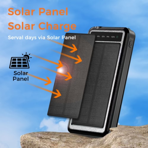 Outdoor Solar 10,000mAh Power Bank - Wireless Charging, Built-in Cables, IP65Water/Dust proof Perspective: top