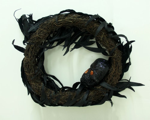 Gothic 17 Inch Diameter Black Skull Halloween Feather Wreath Door or Wall Decor Perspective: top