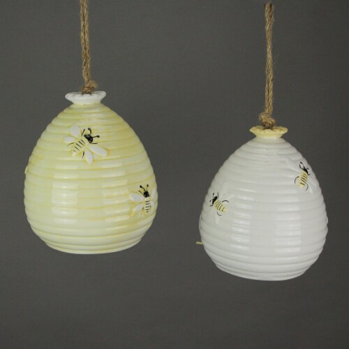 Dolomite Bumble Bee Hive Bird House Decorative Ceramic Outdoor Decor Set of 2 Perspective: top