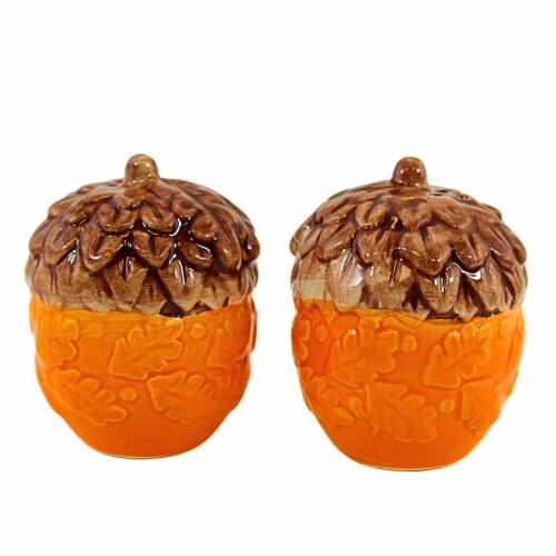 Transpac 3.00 Patterned Acorn Salt & Pepper Shaker Set Autumn Thanksgiving Seasonal Tableware Perspective: top