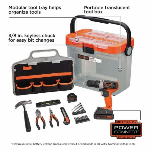 BLACK+DECKER 20V MAX* Cordless Drill With 28-Piece Home Project Kit (BCKSB29C1) Perspective: top