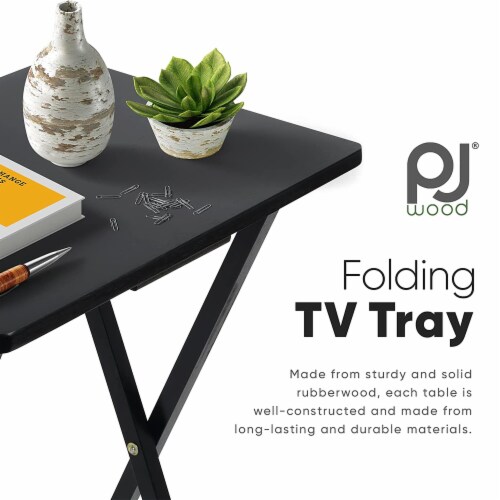 PJ Wood Folding TV Tray Tables with Compact Storage Rack, Black, 2 ...