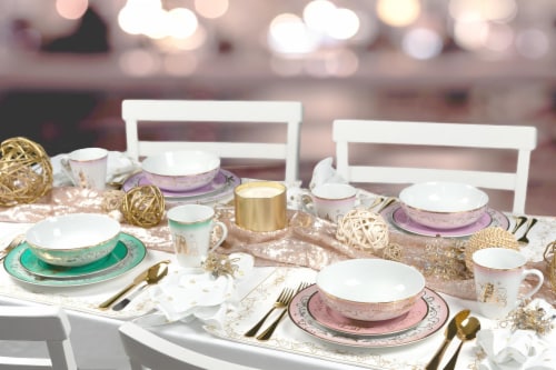 Disney Princess 16-Piece Ceramic Dinnerware Set | Tiana, Rapunzel, Aurora, Mulan Perspective: top