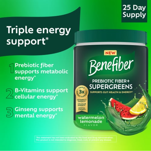 Benefiber Prebiotic Fiber + Supergreens Dietary Supplement Powder, Watermelon Lemonade Flavor Perspective: top