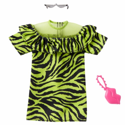 Barbie Fashion Pack of Doll Clothes, 1 Green & Black Zebra Print Mini Dress & 2 Accessories Perspective: top