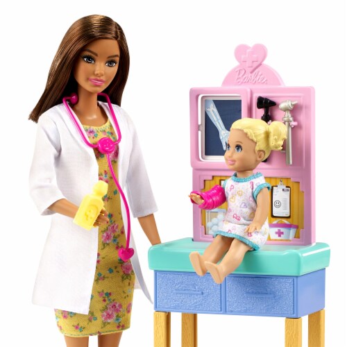 Barbie Pediatrician Playset, Brunette Doll, Exam Table, X-ray & Accessories Perspective: top