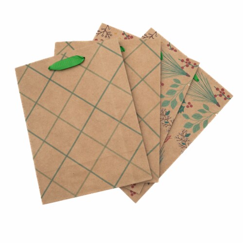 Holiday Home® Assorted Kraft Gift Bags - Mushroom/Green Plaid Perspective: top