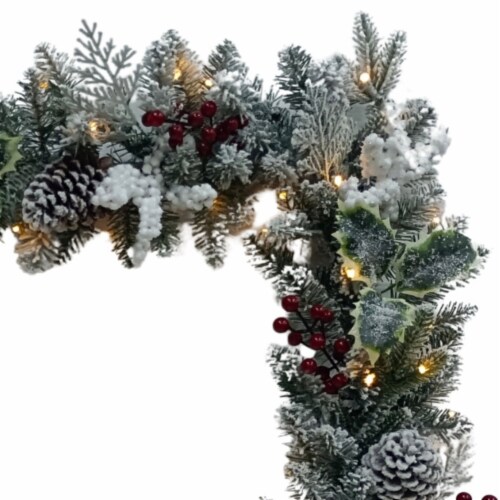 Holiday Home Frosted Holly Fir Garland with Warm White LED Lights Perspective: top