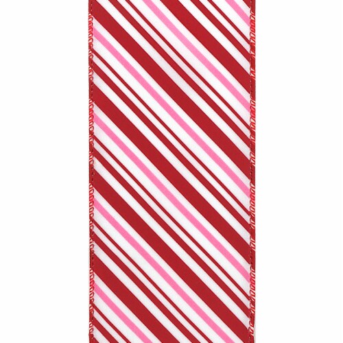 Holiday Home 2.5" Red / Pink Candy Cane Stripe Wire Edge Christmas Ribbon Perspective: top