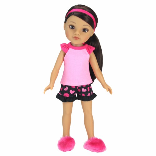 Sophia's Girl Pink & Black Heart Print Pajamas, Hair Tie & Fluffy Slippers for 15  Dolls Perspective: top