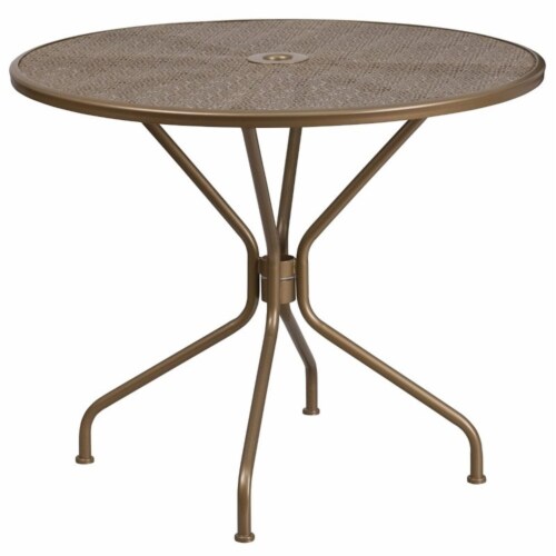 Flash Furniture 3 Piece 35  Round Steel Flower Print Patio Dining Set in Gold Perspective: top