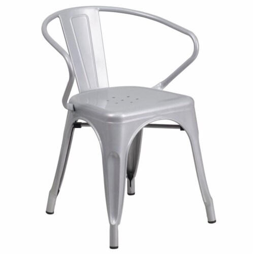 24'' Round Silver Metal Indoor-Outdoor Table Set with 4 Arm Chairs Perspective: top