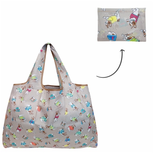 Wrapables Large Nylon Reusable Shopping Bag, Gray French Bulldogs Perspective: top