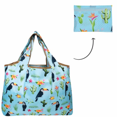 Wrapables Large Nylon Reusable Shopping Bag, Toucan & Cacti Perspective: top