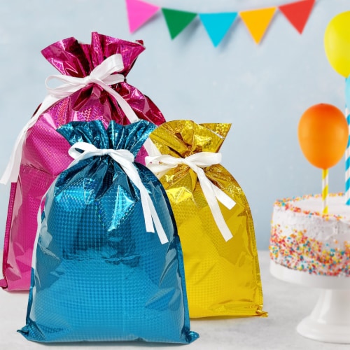 Wrapables Aluminum Foil Hologram Drawstring Gift Bags for Gift Wrap, Parties (Set of 10) Perspective: top