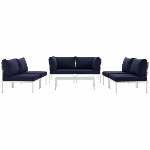 Harmony 7 Piece Outdoor Patio Aluminum Sectional Sofa Set - White Navy Perspective: top