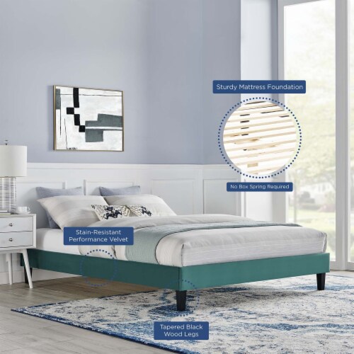 Reign Queen Performance Velvet Platform Bed Frame Teal Perspective: top