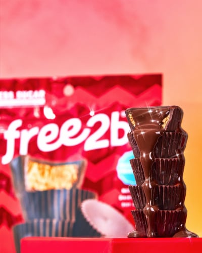 Free2b® Dark Chocolate Sunflower Butter Mini Sun Cups® Candy Bag Perspective: top