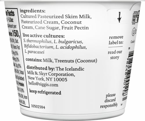 siggi’s Coconut Icelandic-Style Lowfat Yogurt, 5.3 oz Perspective: top