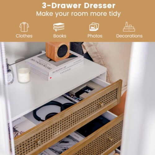 Hivvago 3-Drawer Rattan Dresser Chest with Anti-toppling Device-Brown Perspective: top