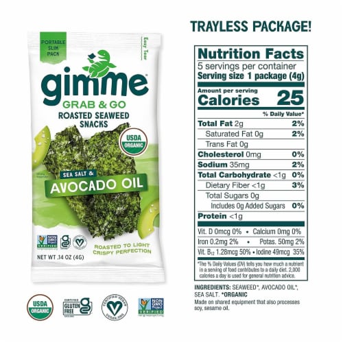 Gimme Seaweed Grab & Go, Sea Salt & Avocado Oil, Organic Roasted Seaweed Sheets, 5 Count Perspective: top