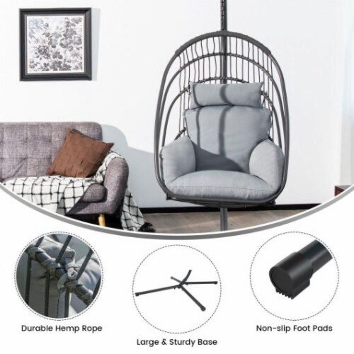 Hivvago Hanging Folding Egg Chair with Stand Soft Cushion Pillow Swing Hammock-Gray Perspective: top