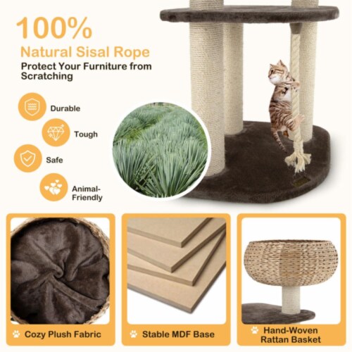 Hivvago 41 Inch Rattan Cat Tree with Napping Perch-Beige Perspective: top