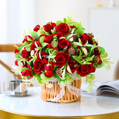 Kisflower 7.9 D x 7.9 W x 12.5 H Kisflower 6 Bunches Red Artificial Rose Flowers Artificial S Perspective: top