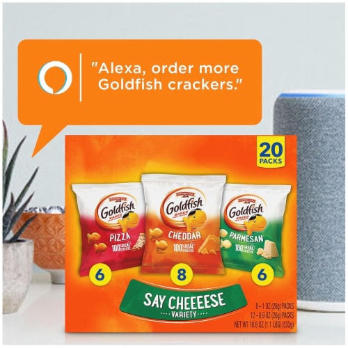 Goldfish Crackers Say Cheeeese Variety Pack, 20 Ct – Cheddar, Pizza & Parmesan Perspective: top