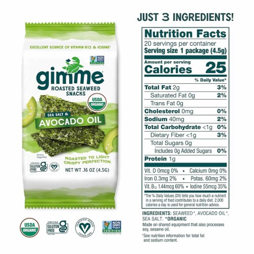 Gimme Organic Seaweed, Sea Salt & Avocado Oil, 20 Count – Keto, Vegan, Gluten-Free Snack Perspective: top